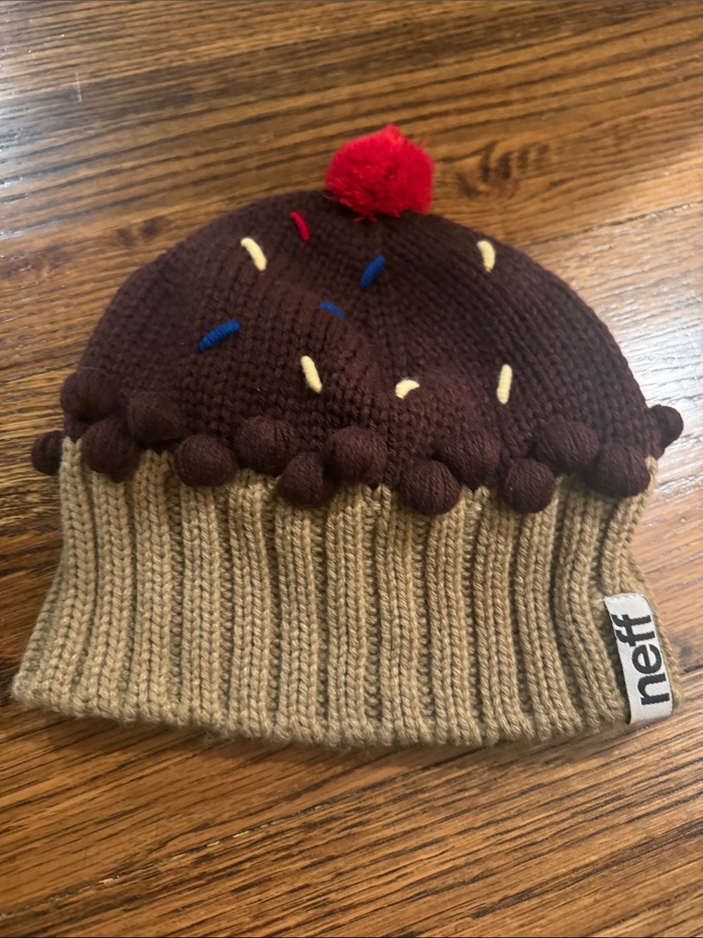 Neff Chocolate Brown & Tan Cupcake Knit Beanie with Red Pom